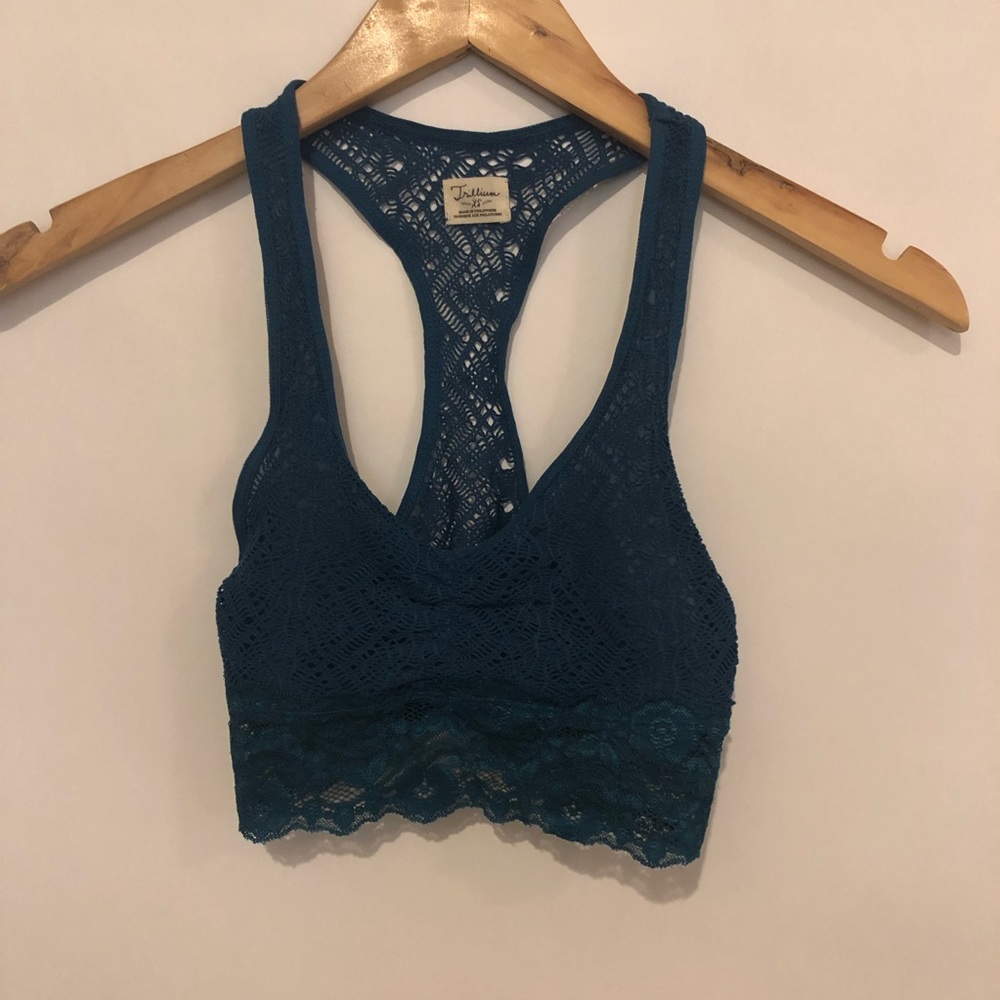 Blue sports bra with lace trim